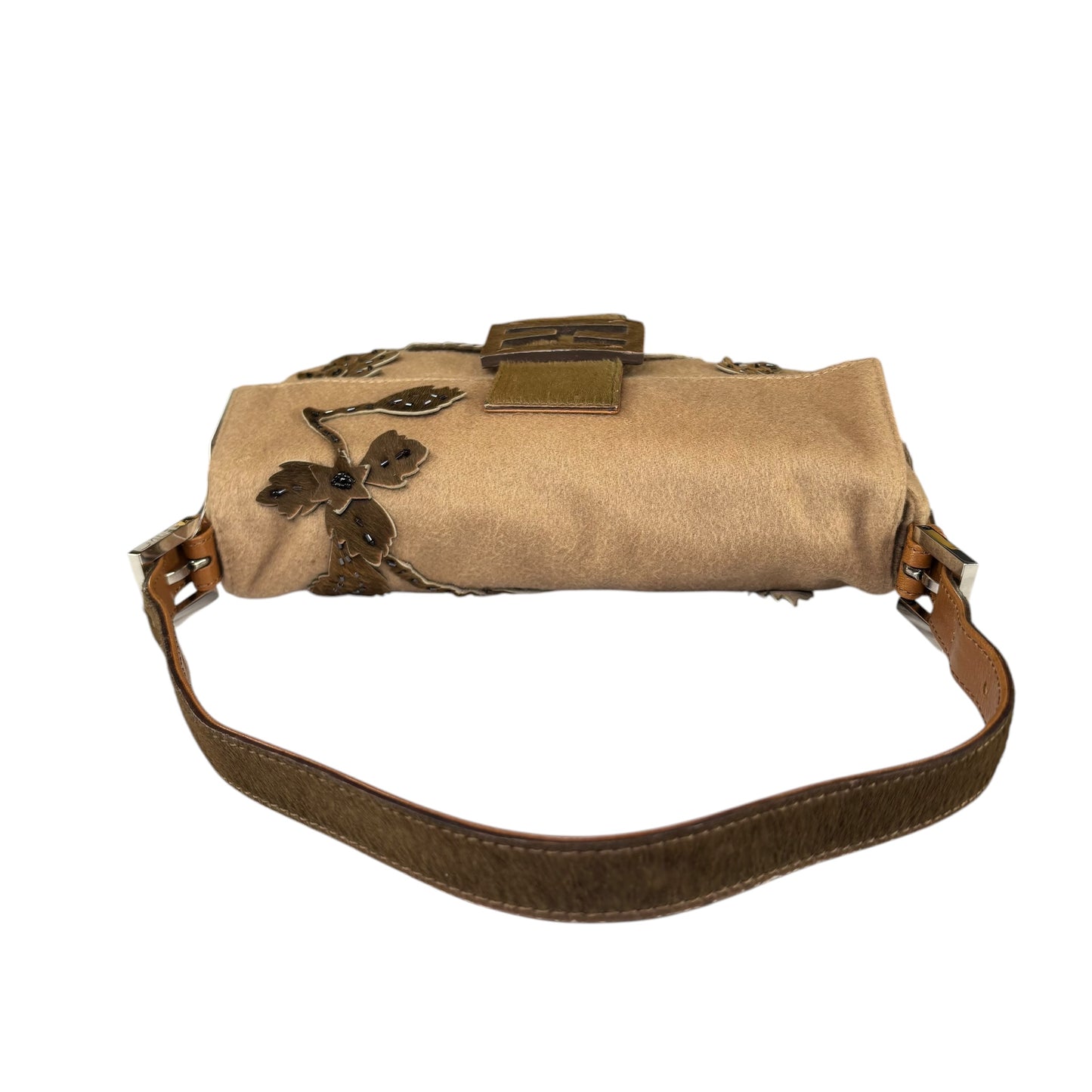 Fendi Y2K Cashmere Brown Pony Floral Beaded Baguette