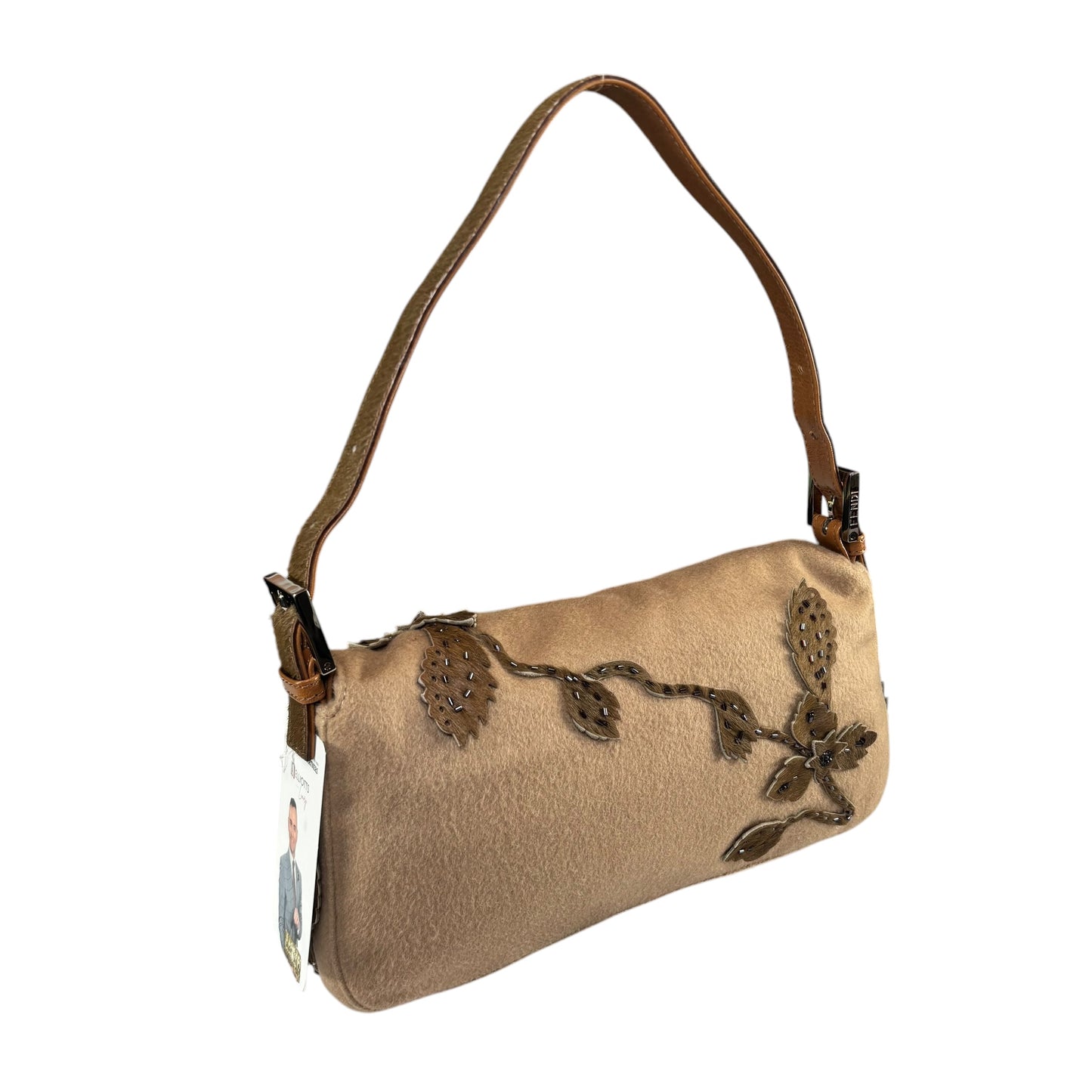 Fendi Y2K Cashmere Brown Pony Floral Beaded Baguette