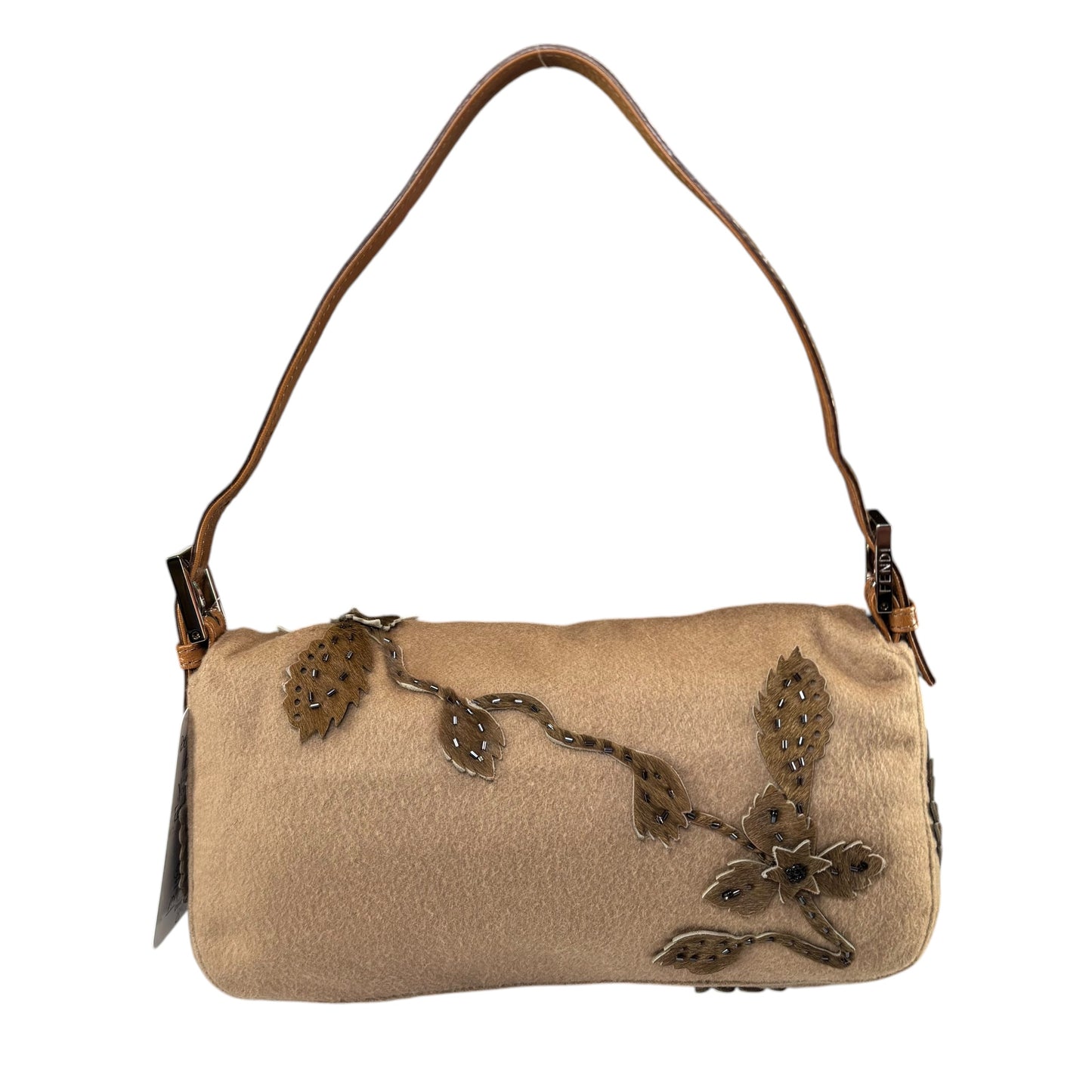 Fendi Y2K Cashmere Brown Pony Floral Beaded Baguette