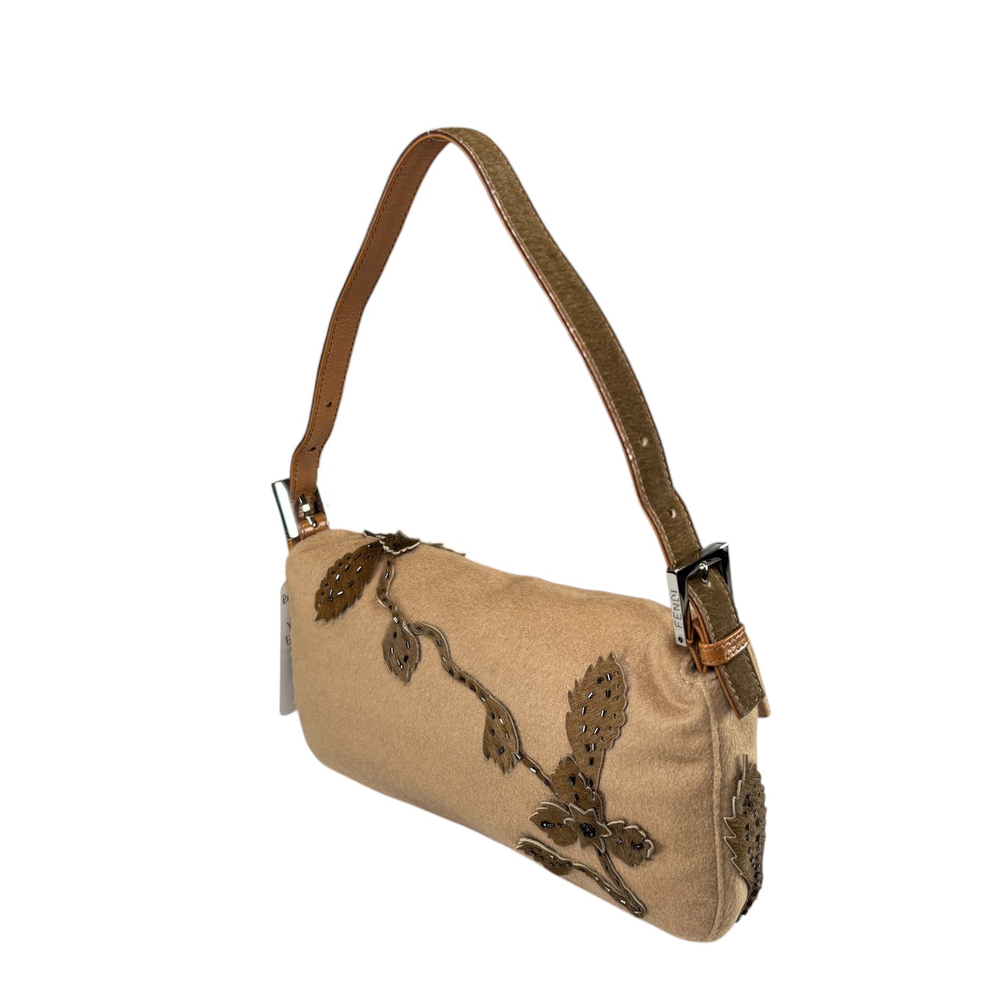 Fendi Y2K Cashmere Brown Pony Floral Beaded Baguette