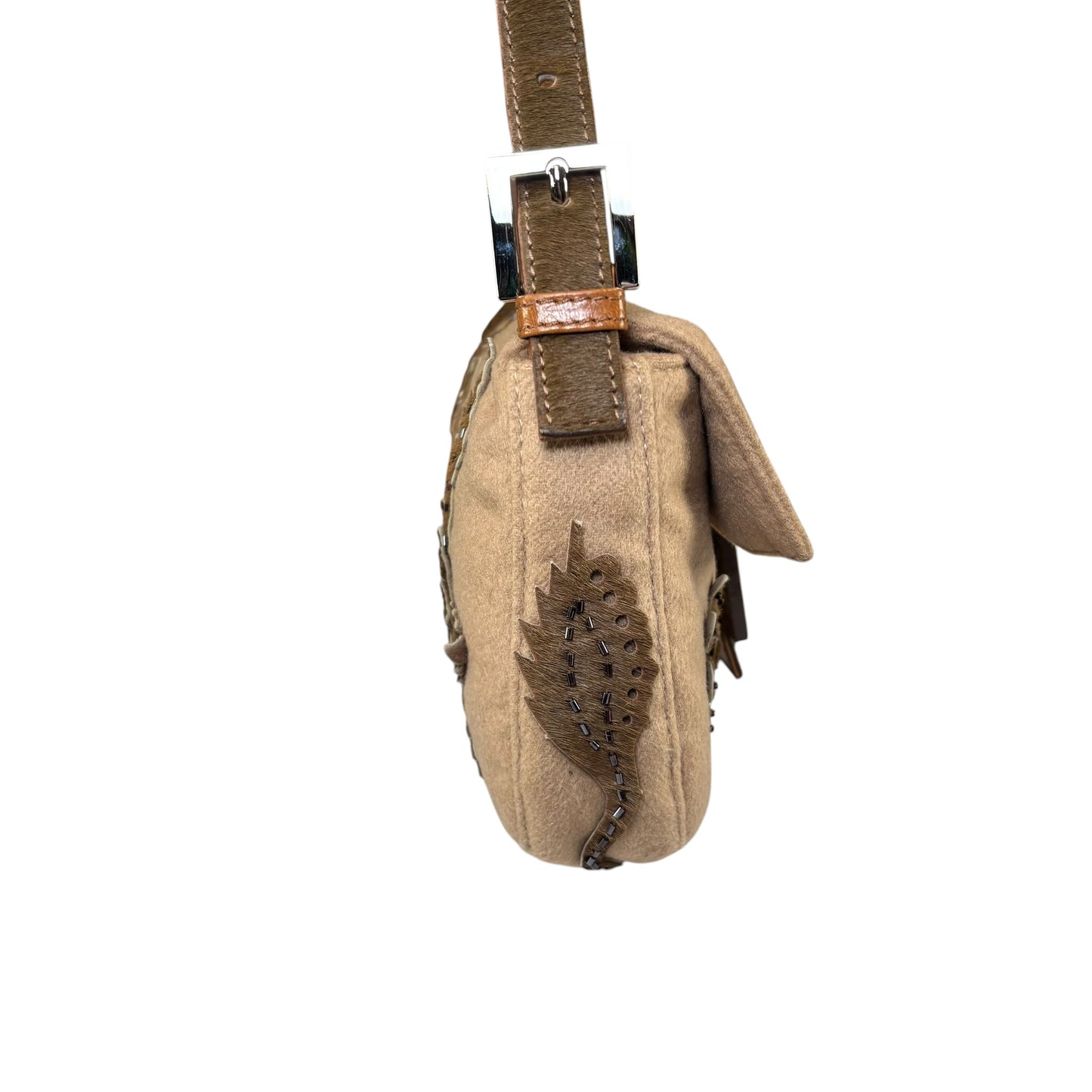 Fendi Y2K Cashmere Brown Pony Floral Beaded Baguette