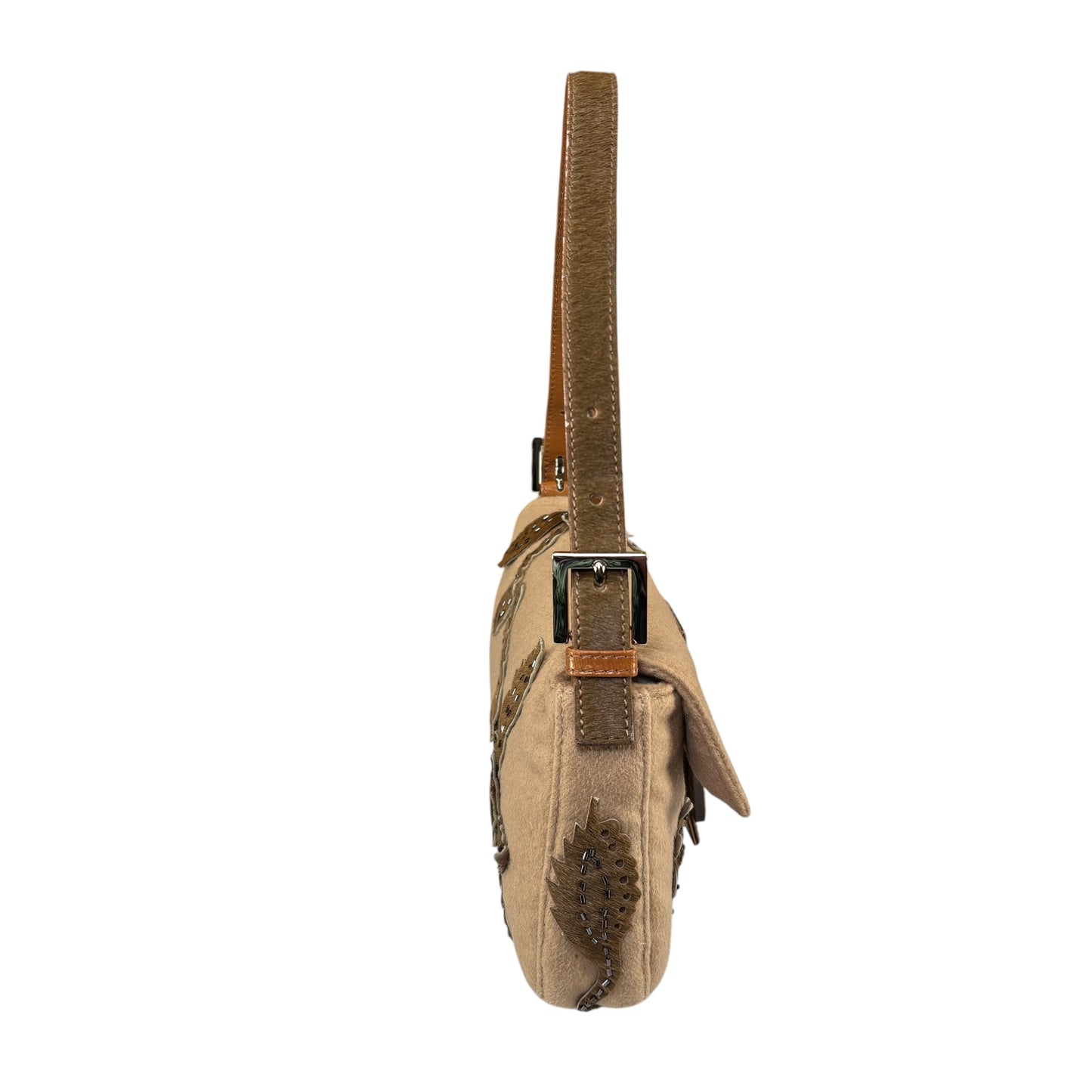 Fendi Y2K Cashmere Brown Pony Floral Beaded Baguette