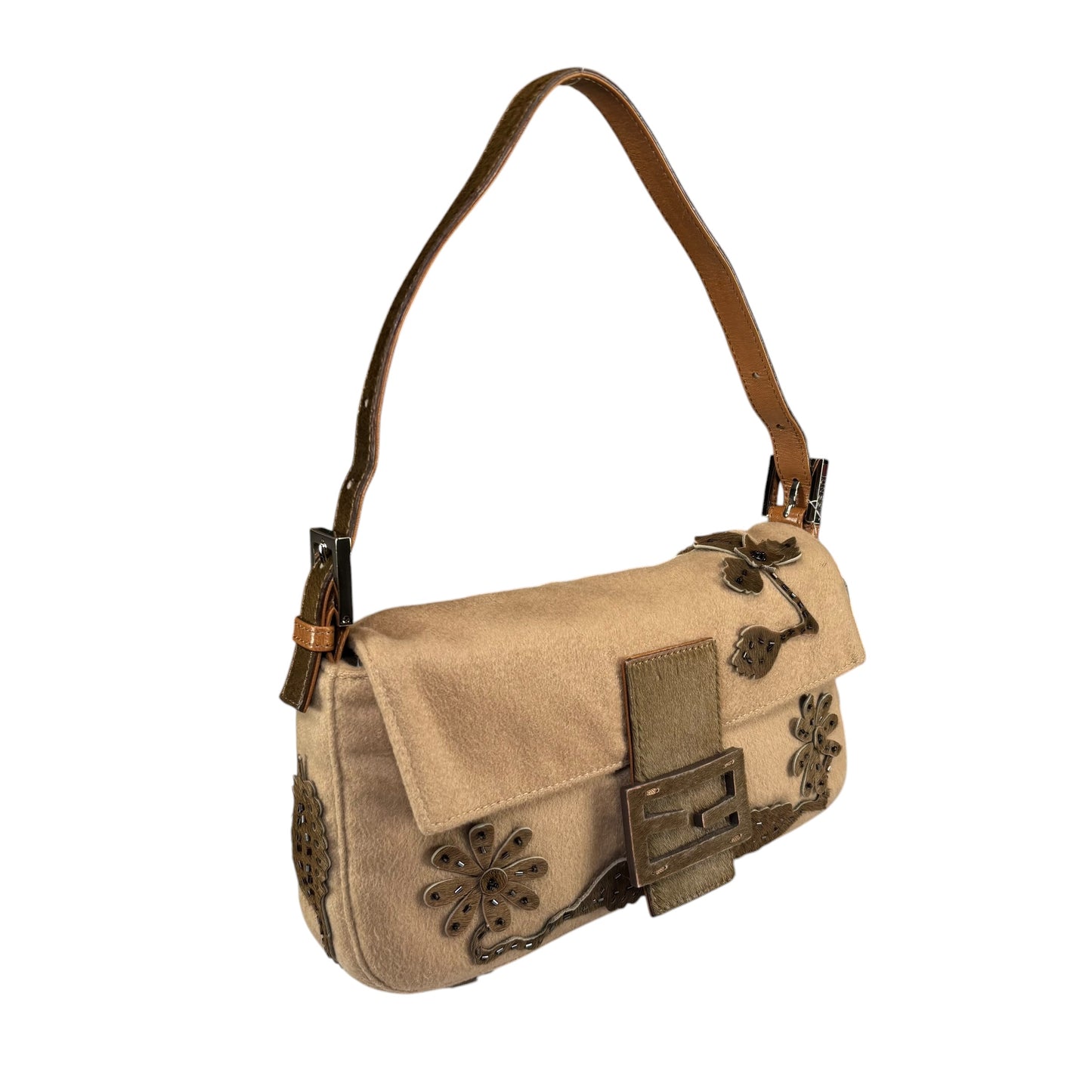 Fendi Y2K Cashmere Brown Pony Floral Beaded Baguette