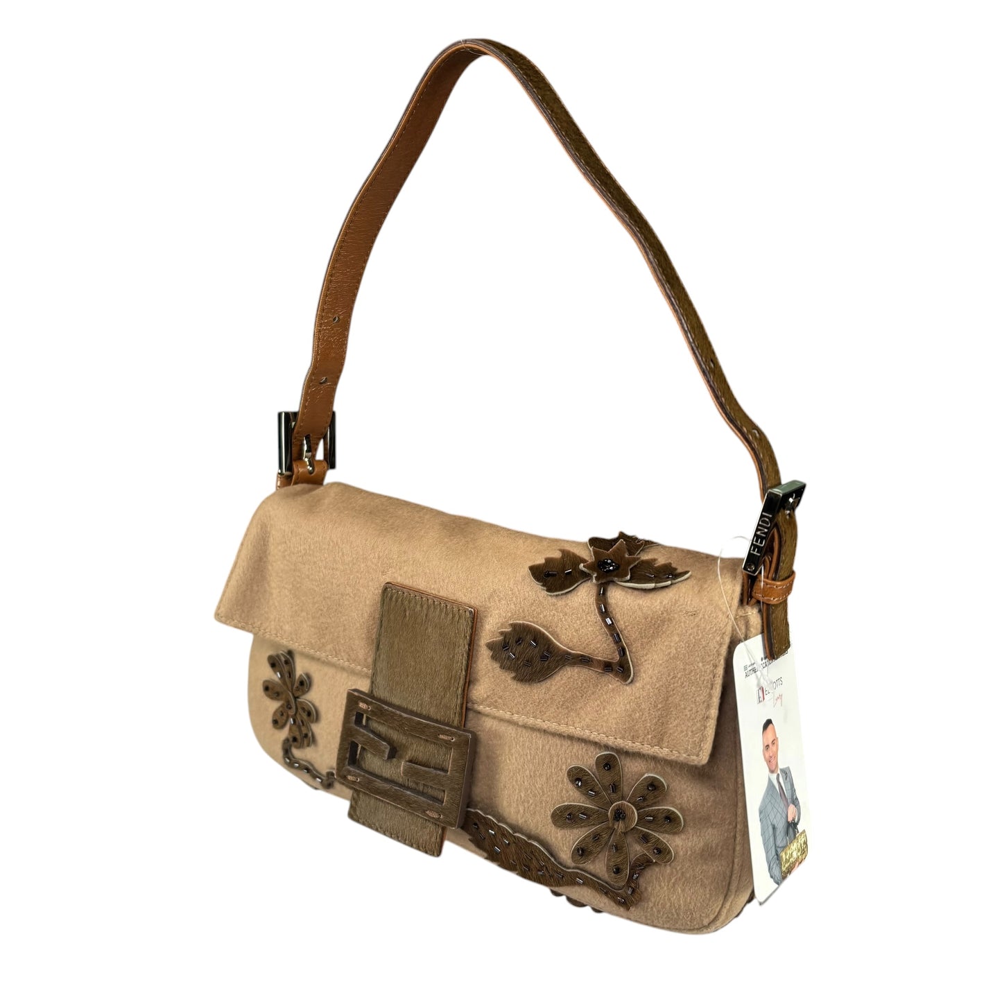 Fendi Y2K Cashmere Brown Pony Floral Beaded Baguette