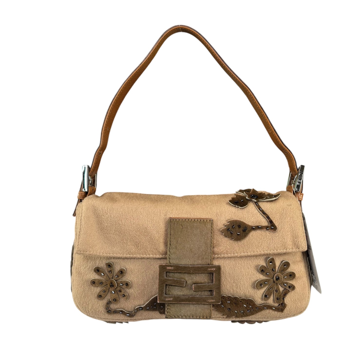 Fendi Y2K Cashmere Brown Pony Floral Beaded Baguette