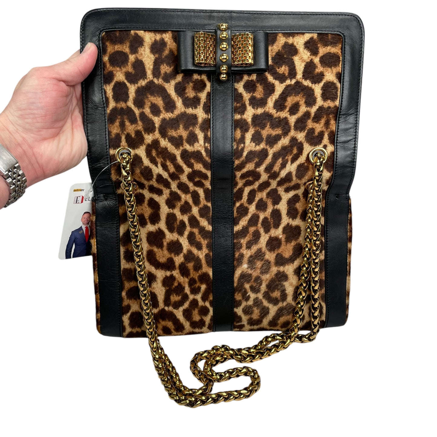 Christian Louboutin Bow Studded Cheetah Leopard 2-Way Flap Leather Black Gold Medium