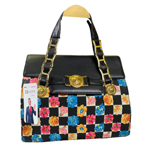 Gianni Versace Sunface Canvas Leather Floral Multi Gold Dual Strap Satchel Top Handle Purse
