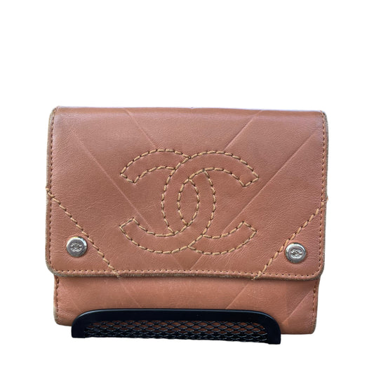 Chanel Studded Bolt CC Chevron Tan Brown Rustic Tri Fold Snap Cash & Card Wallet