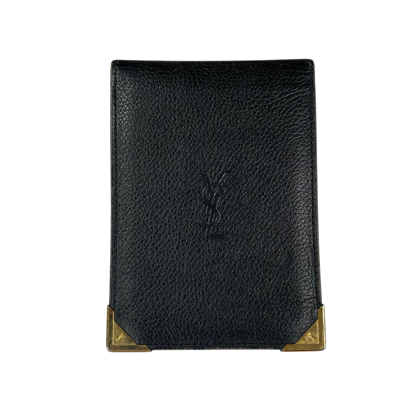 Yves Saint Laurent Black Tri Fold Slim 3 ID Windows Gold Corner Design Wallet