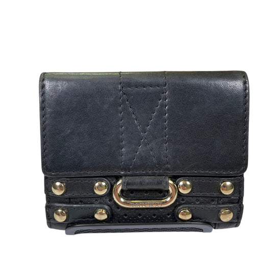 Jimmy Choo Black Leather Perforated Golden Studded Tri-Fold Snap Wallet