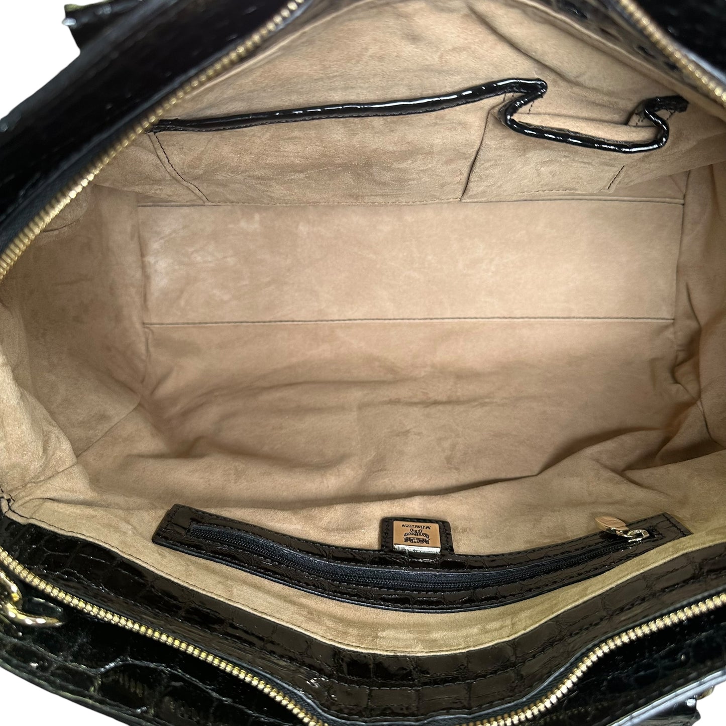 MCM Vinyl Black Checkered Python Croc Embossed Gold Zip Tote Shoulder Satchel
