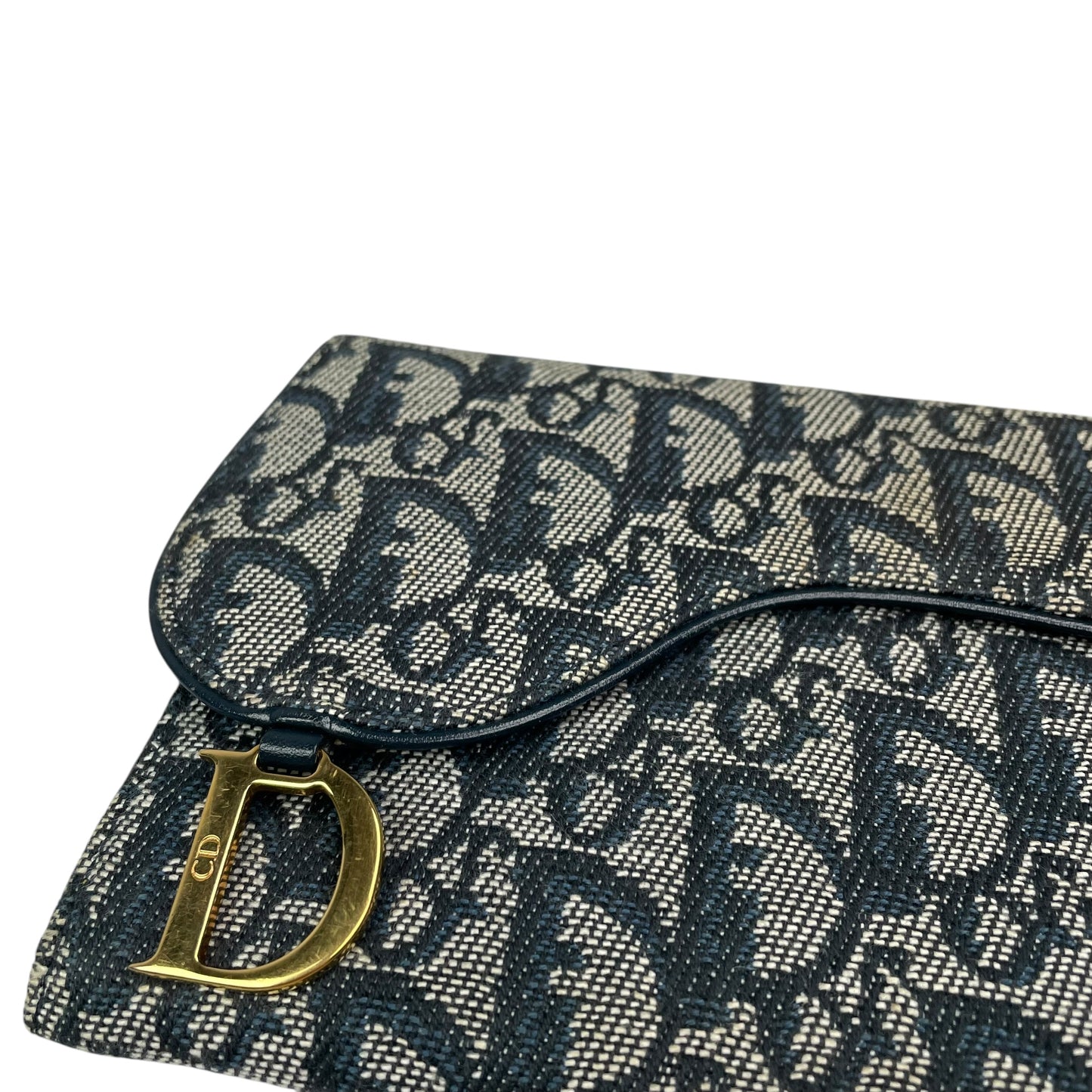 Christian Dior Blue Saddle Bag Large Oblique Trotter Canvas Leather Tri-Fold Wallet