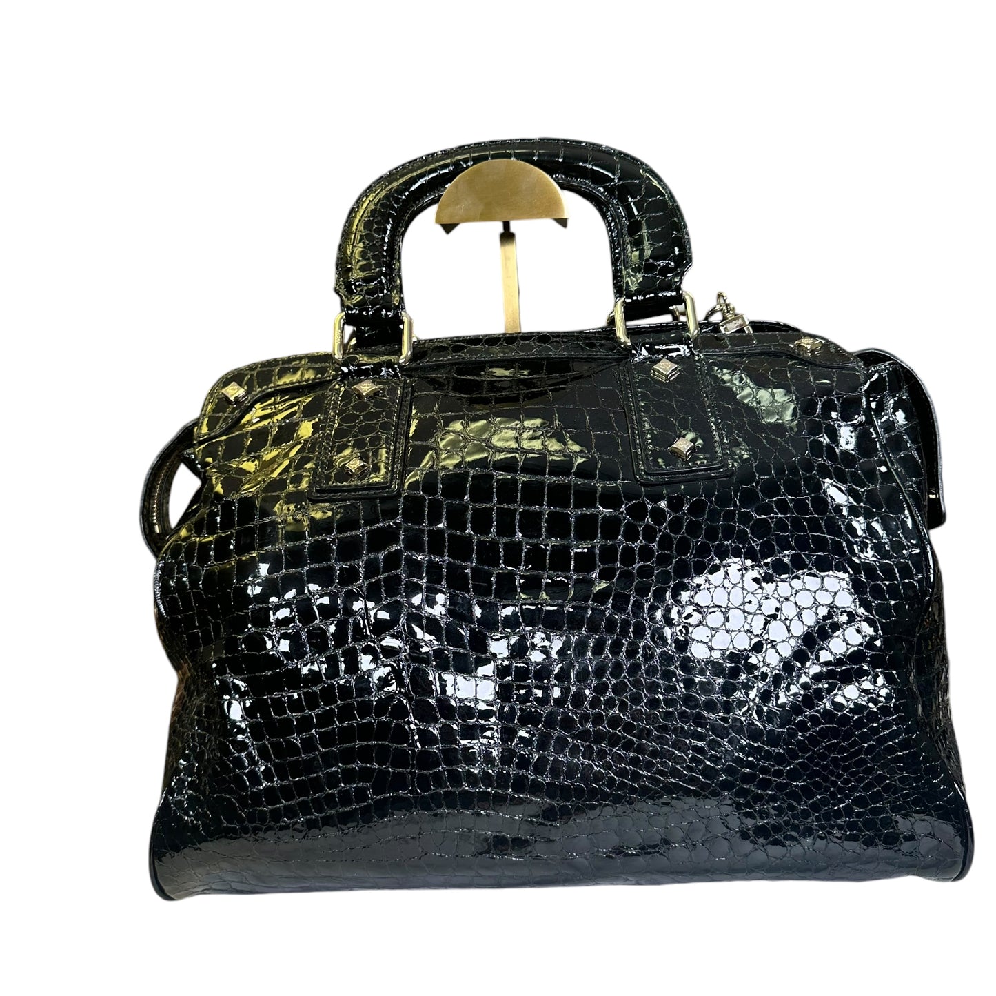 MCM Vinyl Black Checkered Python Croc Embossed Gold Zip Tote Shoulder Satchel
