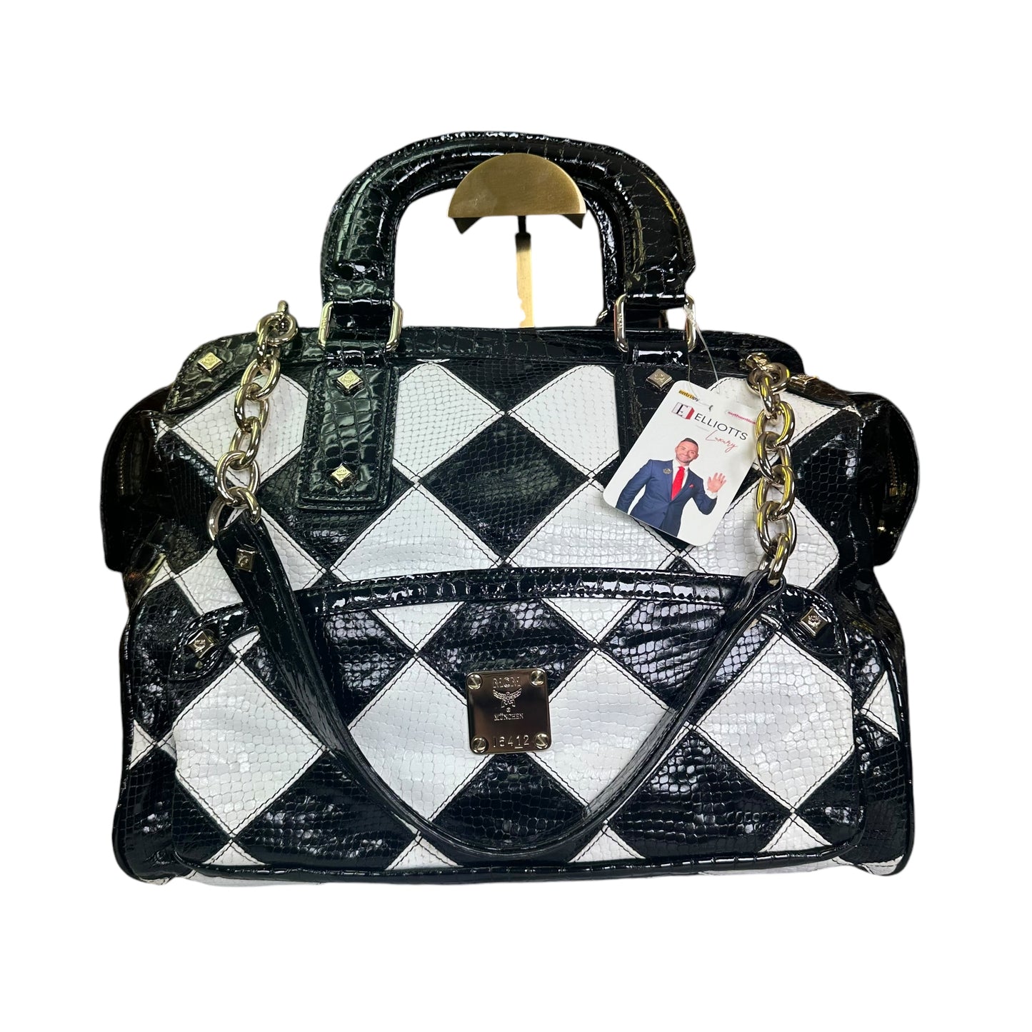 MCM Vinyl Black Checkered Python Croc Embossed Gold Zip Tote Shoulder Satchel