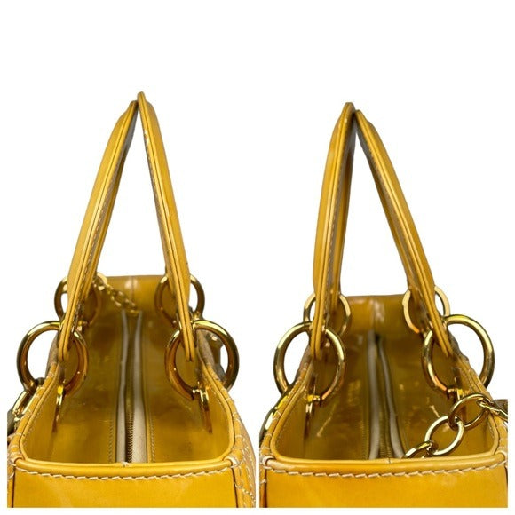 Christian Dior Lady Medium Patent Mustard Cannage Two-Way Top Handle Tote Purse