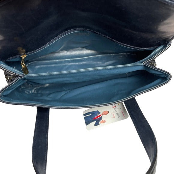 Bally Navy Blue Leather Flap Black Patent Leather Woven Satchel Purse Handbag