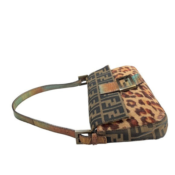 Fendi Zucca Canvas Cheetah Calf Hair Leather Lizard Skin Baguette Shoulder Purse