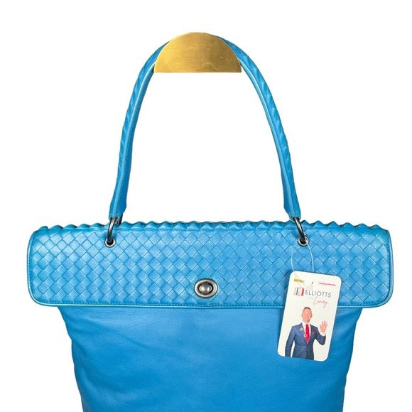 Bottega Veneta Cobalt Blue Woven Flappy Tote Bag Travel Business Purse Stachel
