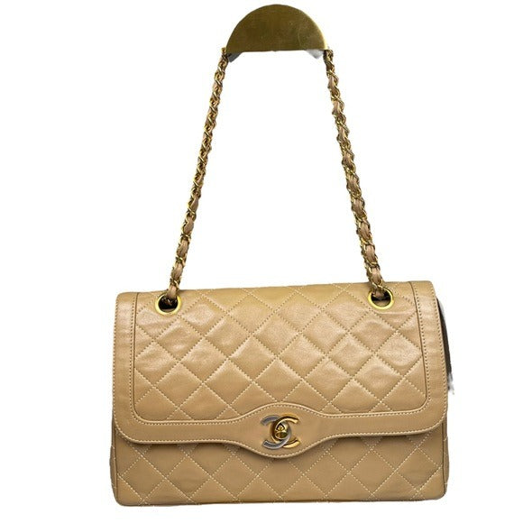 Chanel CC Beige Limited Double Two-Tone Flap Quilted Lambskin Shoulder Purse Bag