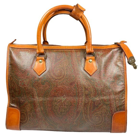 Etro Milano Paisley Canvas Natural Leather Locking Travel Weekender Boston Bag