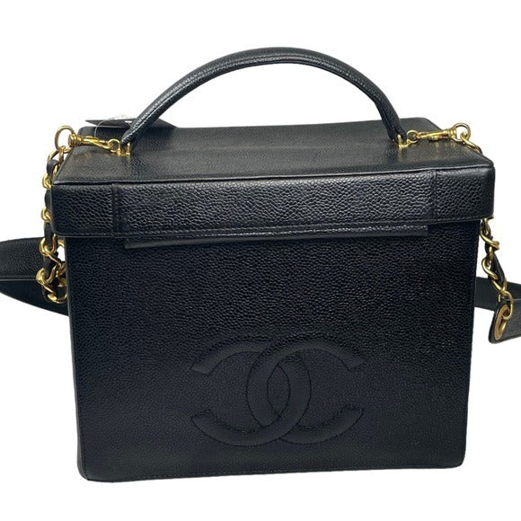 Chanel CC Black Caviar Leather 24K Plated Cosmetic Travel Two-Way Mirrored Trunk