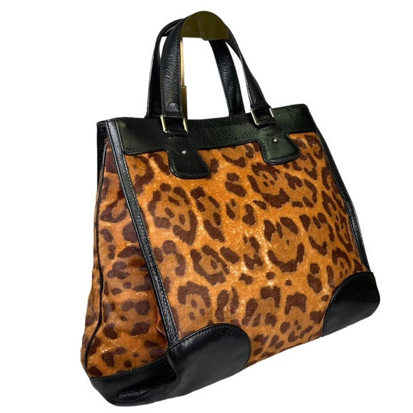 Celine Leather Satchel Trapezoid Black Pony Hair Cheetah Three File Large Tote