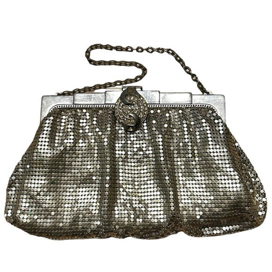 Whiting & Davis Rhinestone Clip Lock Metal Mesh Clutch Wristlet Silver Purse