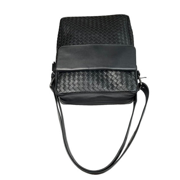 Bottega Veneta Black Woven Leather Flap Slim Large Crossbody Shoulder Purse Bag