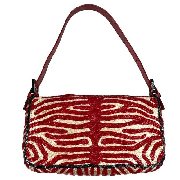 Fendi Baguette Red Black Zebra Beaded Canvas Python Hombre Shoulder Bag