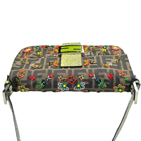Fendi Zucca Baguette Lime Python Beaded Multi Floral Fendi Zucca Baguette Lime Python Beaded Multi Floral
