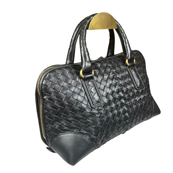 Bottega Veneta Classic Black Leather Woven Double Zip Handbag Tote Purse Bag