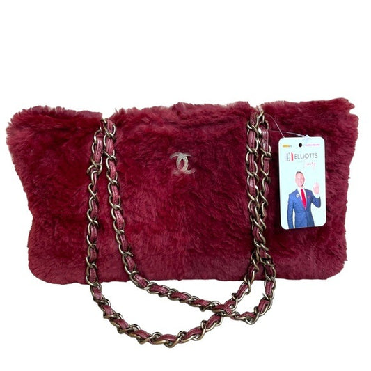 Chanel CC Antique Brushed Hardware Leather Chain Large Rabbit Fur Bordeaux Purse