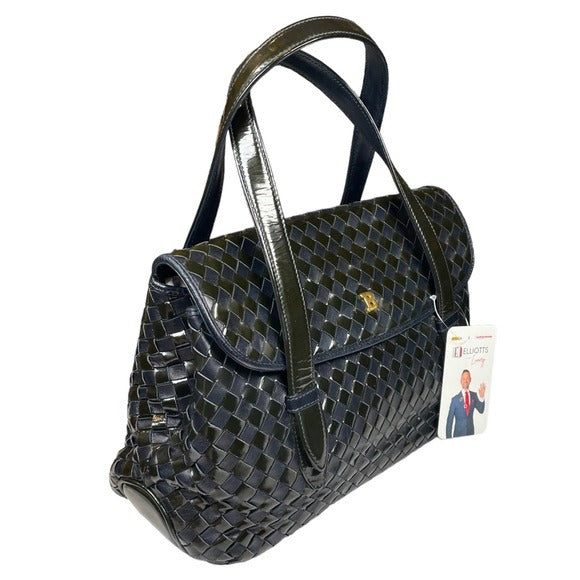 Bally Navy Blue Leather Flap Black Patent Leather Woven Satchel Purse Handbag