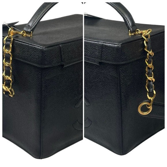 Chanel CC Black Caviar Leather 24K Plated Cosmetic Travel Two-Way Mirrored Trunk