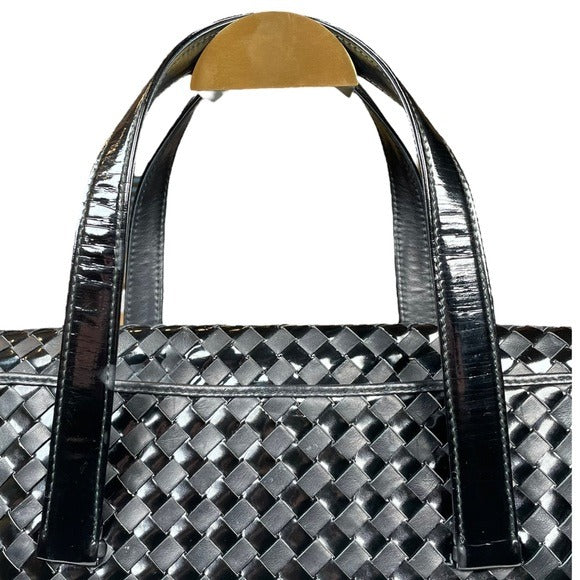 Bally Patent Leather & Leather Woven Satchel Flappy Snappy Handbag Purse Bag