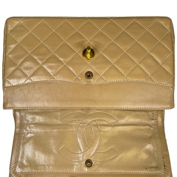 Chanel CC Beige Limited Double Two-Tone Flap Quilted Lambskin Shoulder Purse Bag