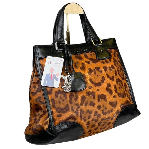 Celine Leather Satchel Trapezoid Black Pony Hair Cheetah Three File Large Tote