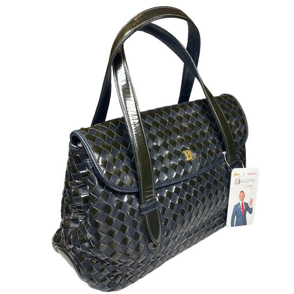 Bally Navy Blue Leather Flap Black Patent Leather Woven Satchel Purse Handbag