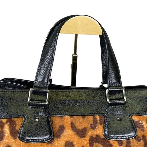 Celine Leather Satchel Trapezoid Black Pony Hair Cheetah Three File Large Tote