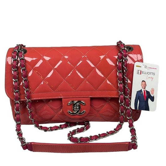 Chanel CC Classique Pink Coral Magenta Silver Hombre Leather Flap Quilted Purse